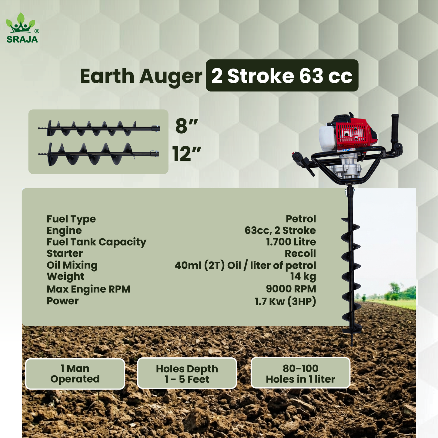 Sraja Earth Auger 63cc 2 Stroke Hole Digger