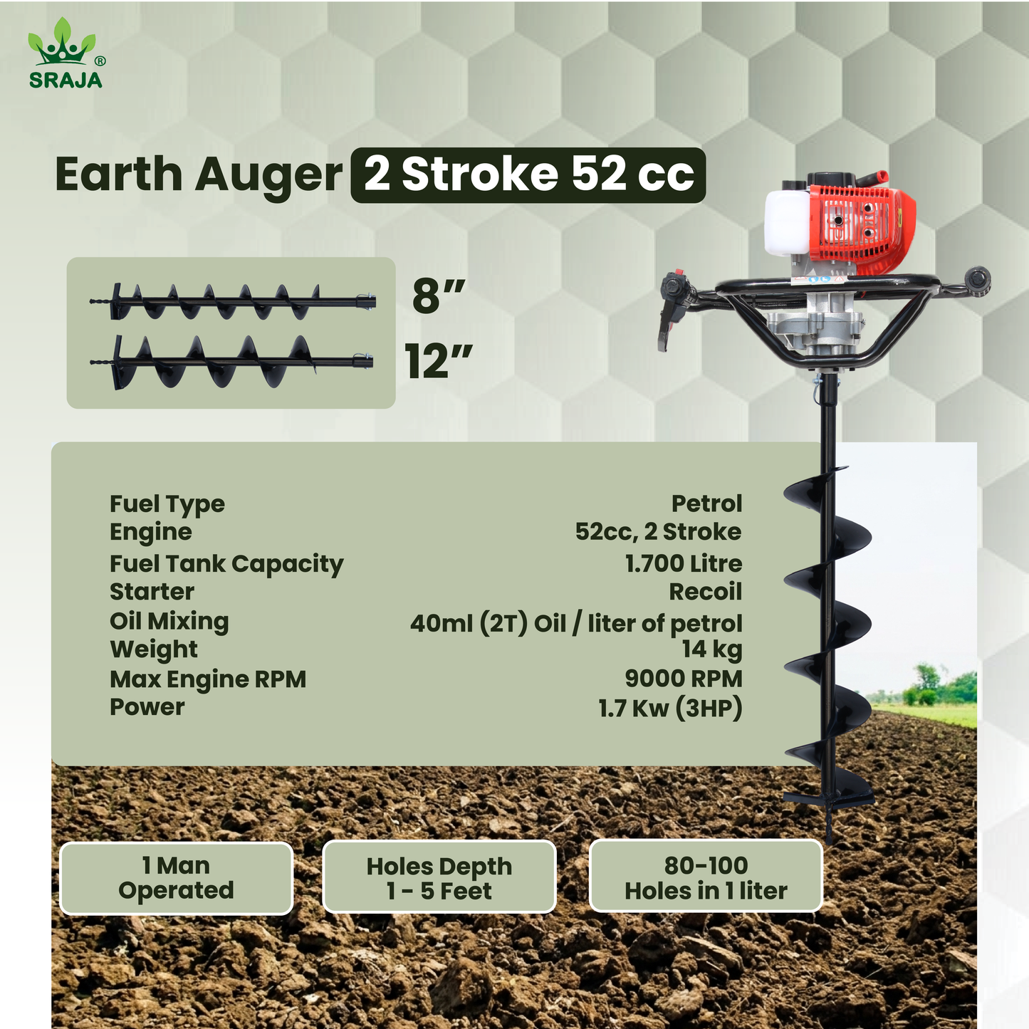 Sraja Earth Auger 52cc 2 Stroke Hole Digger
