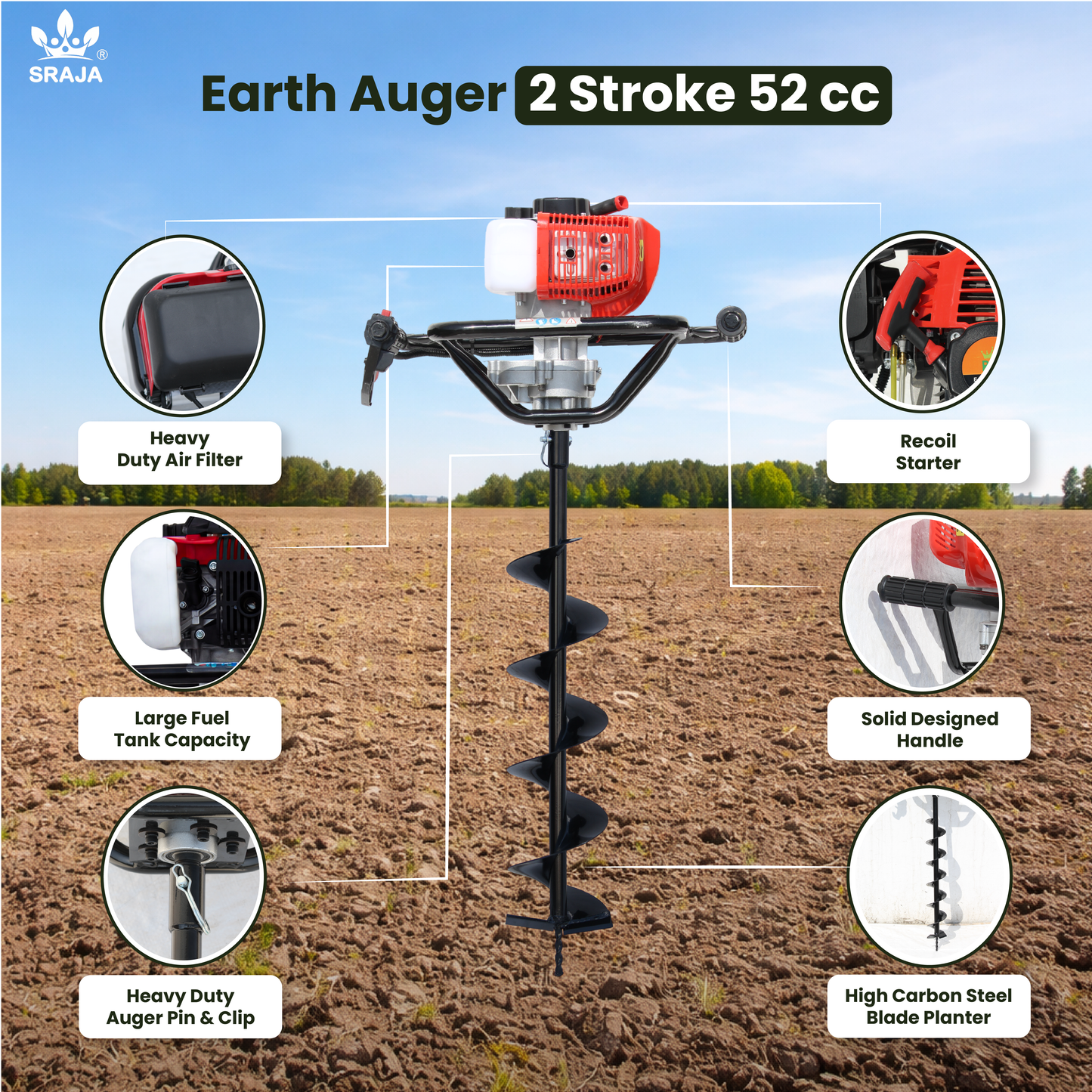 Sraja Earth Auger 52cc 2 Stroke Hole Digger
