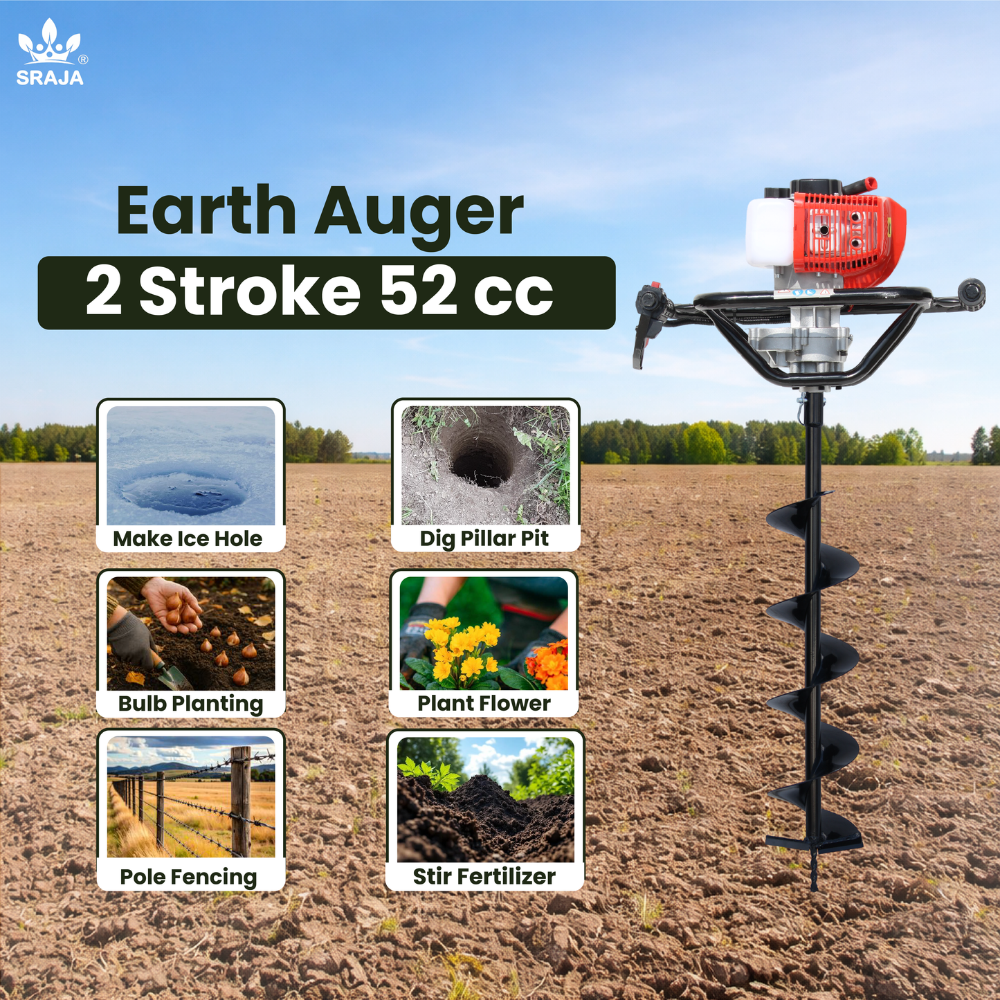 Sraja Earth Auger 52cc 2 Stroke Hole Digger